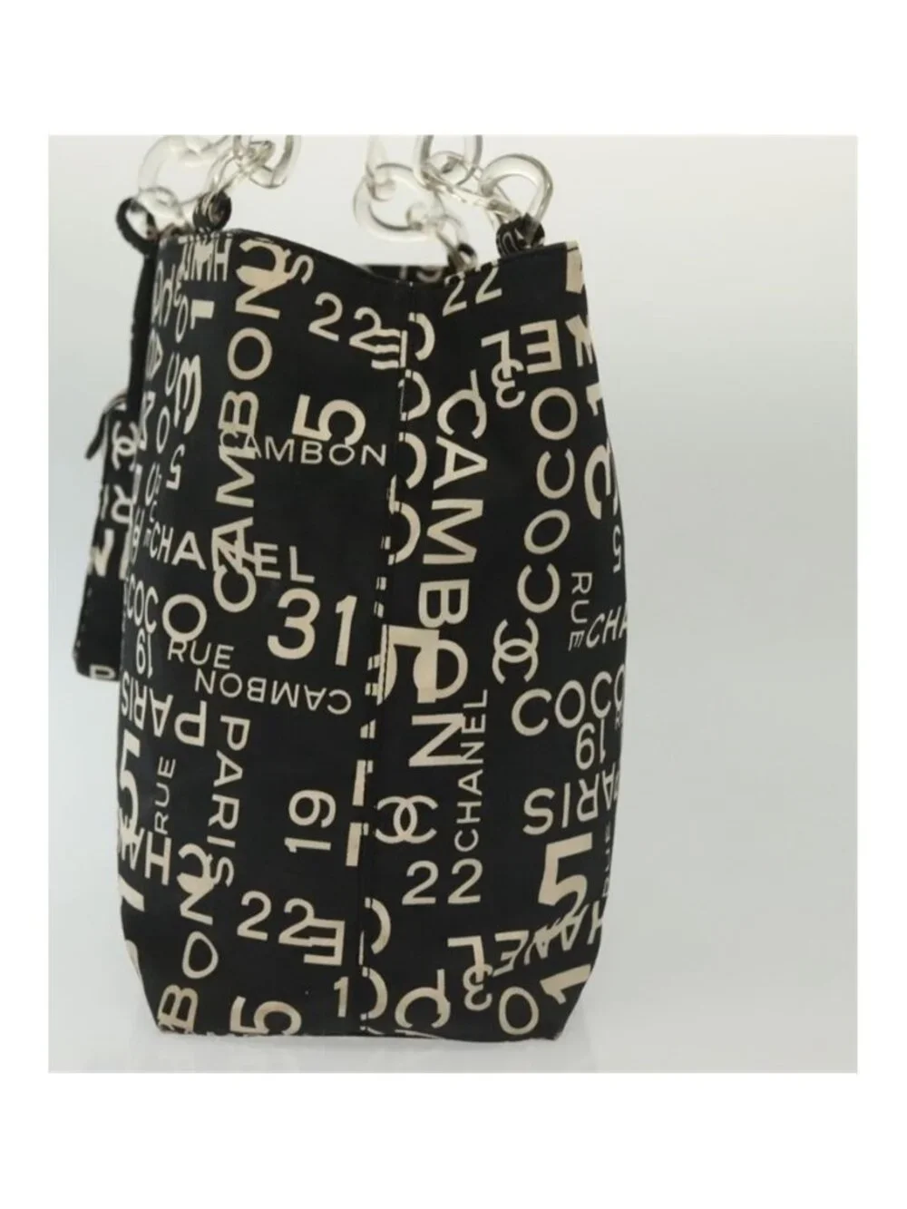Authentic CHANEL Bysy Line Shoulder Bag Canvas Black Silver CC